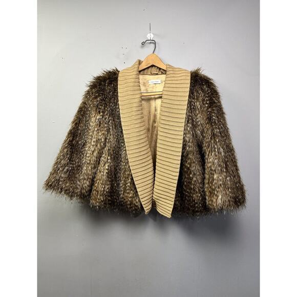 Calvin Klein Faux Fur Cropped Jacket Womens Medium Open‎ Front Knit Accents - Picture 1 of 8